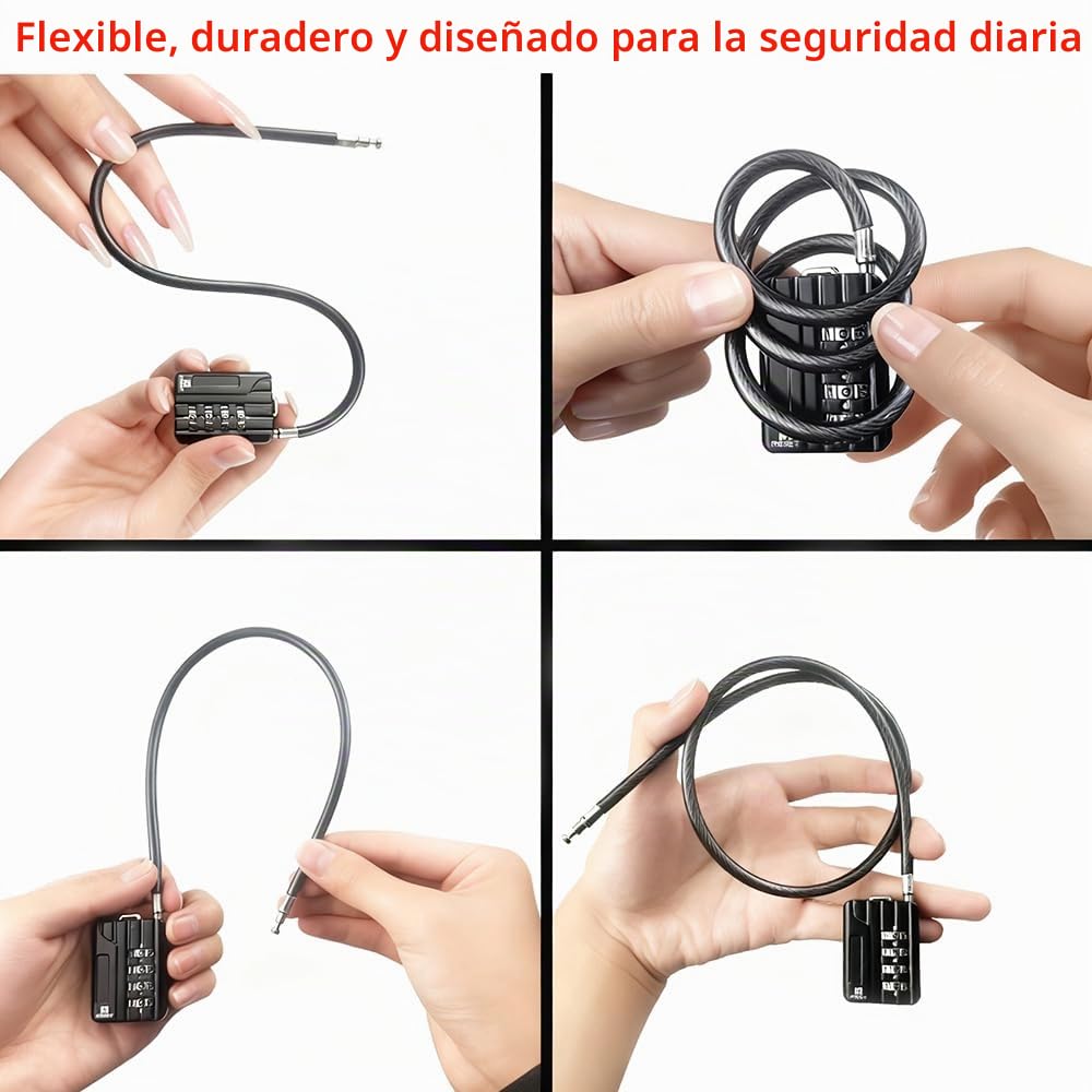 RESET-204 candado de cable flexible de 30 cm con combinación de 4 dígitos, candado largo para cubo de basura, taquilla, equipaje, maleta, casco y armero, diámetro 5 mm, negro, 2 unidad