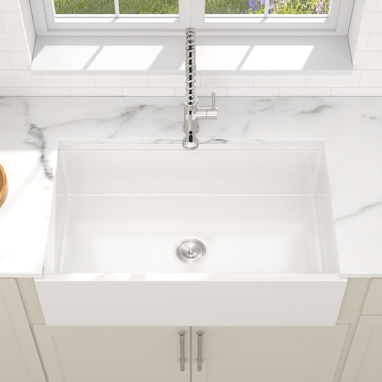 Dcolora 33 Inch White Farmhouse Sink Apron Front Farm House Fireclay Kitchen Sink Country Style Ceramic Barn Sink Classic Porcelain Farmer Single Bowl Workstation, DC-A7014