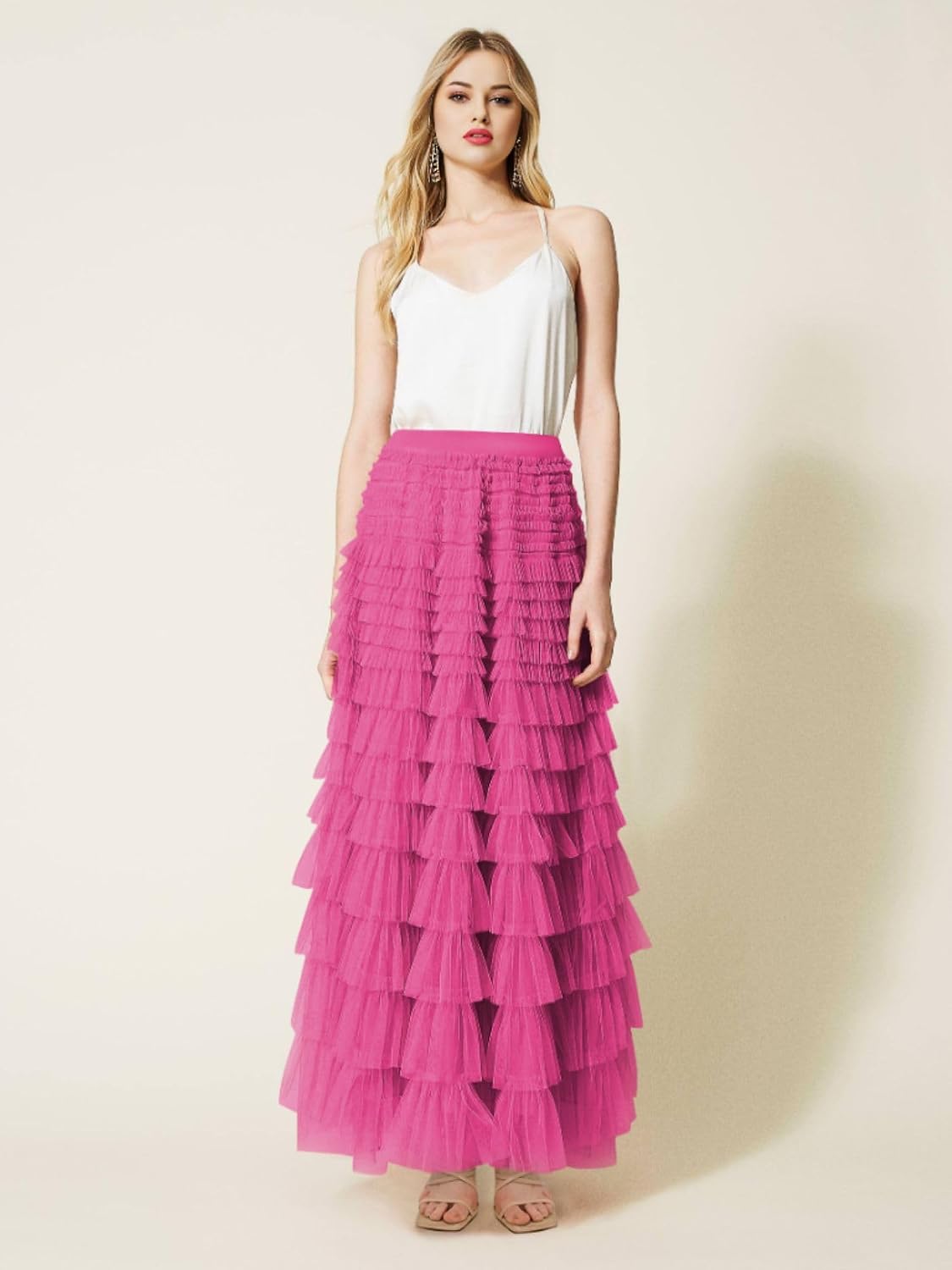 Women's Long Tulle Tutu Skirts Elastic High Waisted A Line Fluffy Fairy Mesh Layered Ruffle Cake Skirt Petticoat