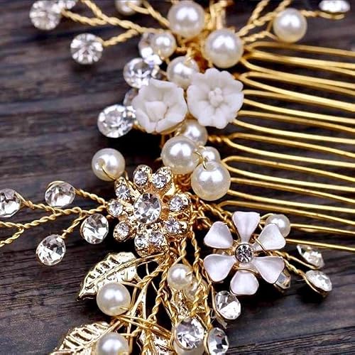Haarschmuck Hochzeit, Braut Haarschmuck Blumen mit Perlen Kristall, Handgefertigt Eleganter Braut Haarkamm/Kopfschmuck/Haarclip für Damen und Frauen,Gold