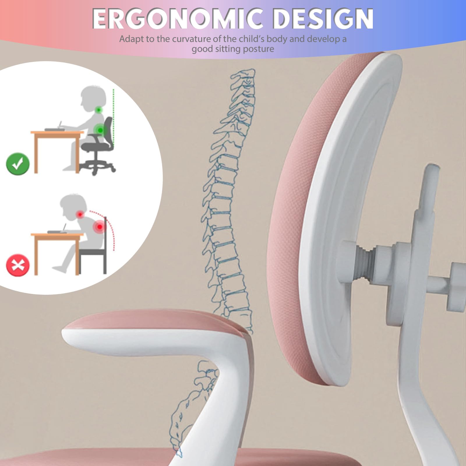 Schreibtischstuhl Kinder, Höhenverstellbarer | Ergonomischer Drehstuhl für Mädchen und Jungen | Bequemer Lernstuhl für Kinderzimmer (Upgrade Modell (Lenker + Schritte), Rosa)