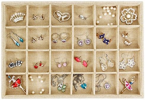Valdler Sackcloth Stackable 24 Grid Jewelry Tray Showcase Display Organizer