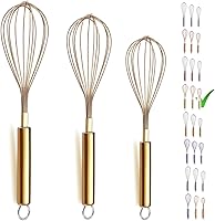 Berglander Gold Titanium Plated Stainless Steel Whisk Set - 3 Pack 8", 10", 12" Wire Beaters for Cooking & Baking