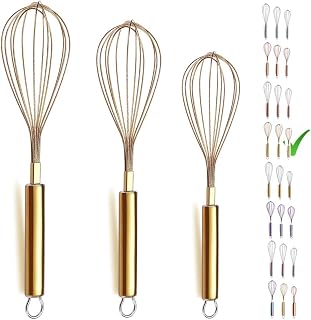 Berglander Gold Titanium Plated Stainless Steel Whisk Set - 3 Pack 8in 10in 12in for Baking Cooking