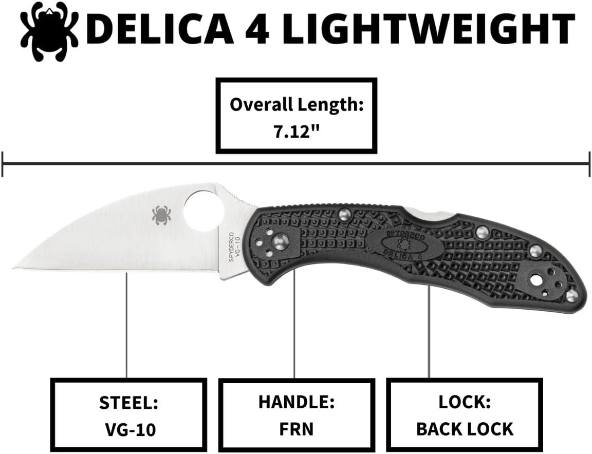 Spyderco Delica 4 Lightweight Wharncliffe Folding Pocket Knife with 2" VG-10 Steel Blade and FRN Handle - EDC Knife for Men and Women, Perfect for Hunting, Tactical, Camping - PlainEdge - C11FPWCBK