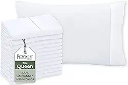 Royale Linens Conjunto de 12 fronhas brancas - Queen 50,8 x 76,2 cm Capa de travesseiro para cama - 1800 microfibra escovada - resistente a rugas e desbotamento - Fronhas de travesseiro de qualidade de hotel pacote com 12 (Queen, branca)