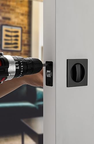 Miniatura 6 de goldenwarm Cerradura de puerta de bolsillo, herrajes para puerta de bolsillo cuadrado, color negro mate, cerradura de puerta de bolsillo deslizante