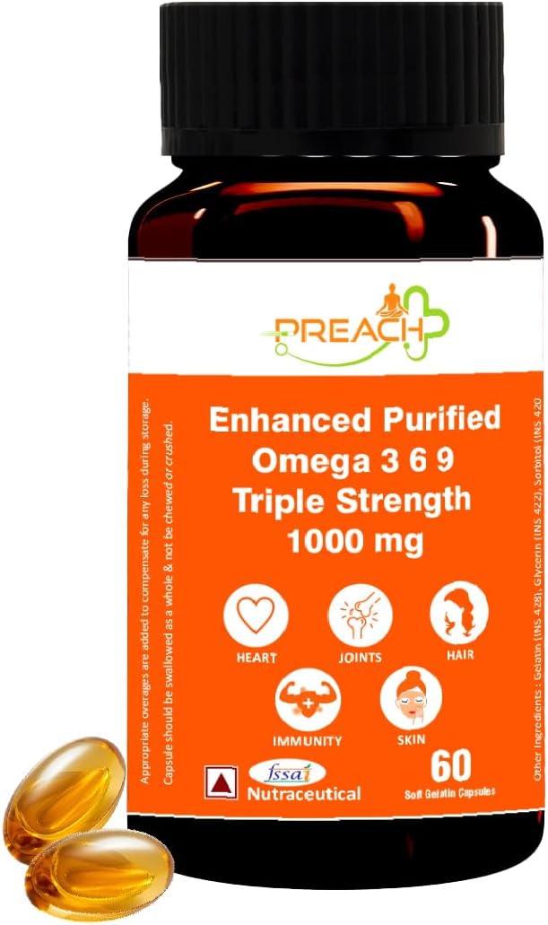Enhanced Purified Omega 3 6 9 Triple Strength 1000 mg 60 capsule Soft Gel [ Flax Seed Oil 850 mg, Black seed Oil 150 mg ]