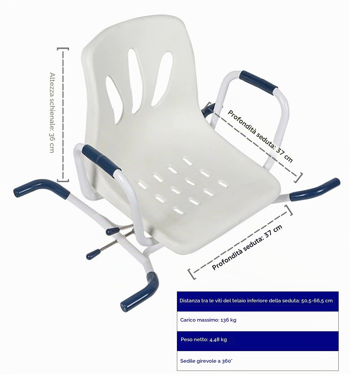Sgabello Doccia Girevole 360°, Sedile da Vasca per Anziani con Foro Igienico, Sgabello Bagno per Disabili con Pedale e Braccioli, Il Miglior Regalo per Gli Anziani