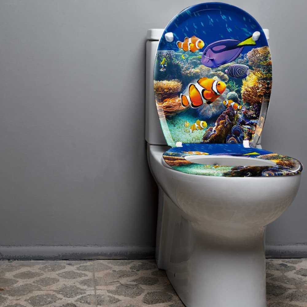UISEBRT Asiento de inodoro con descenso automático, tapa de inodoro premium antibacteriana, tapa de inodoro de Duroplast, mundo submarino