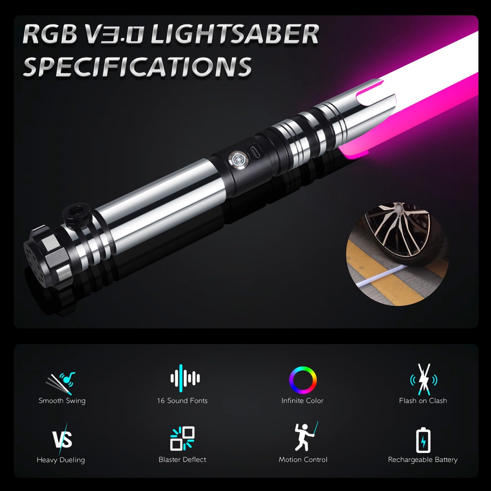 Spada Laser Dueling a Controllo di Movimento con APP, Spada Laser RGB con 16 Colori Cambiabili e 16 Suoni, Spada Laser LED per Adulti e Adolescenti, Duelli Intensi, Ricarica USB-C, Nero