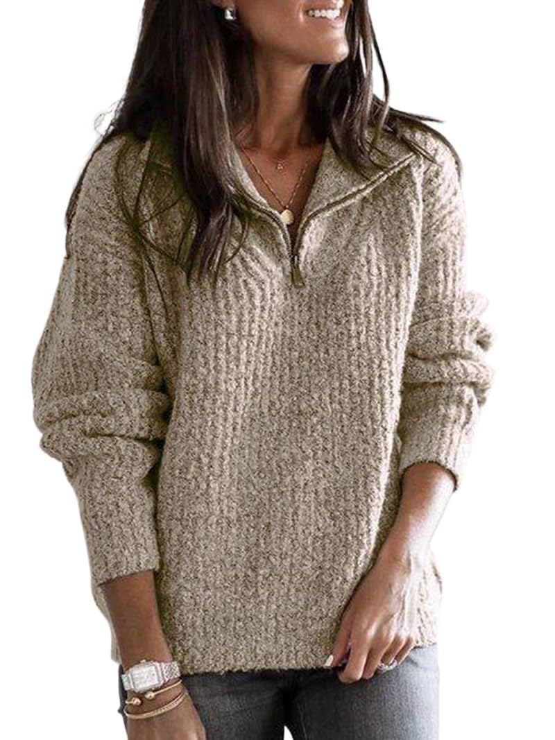 Womens Fashion Sweater Loose Solid Color Splicing Long Sleeve Stand Collar Half Pullover Knitted top