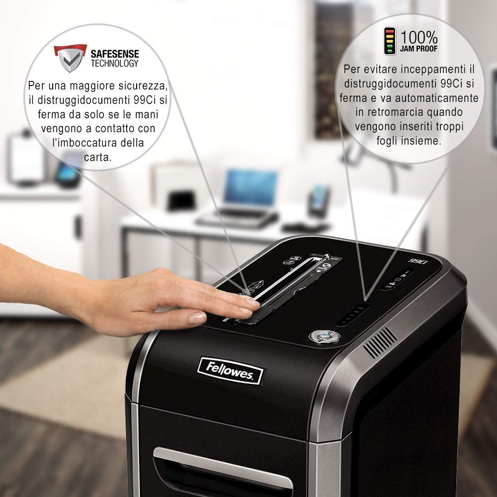 Fellowes distruggi documenti a frammento 99Ci, 18 fogli, per piccolo ufficio, con tecnologia 100% antiinceppamento, SafeSense e ultra silenzioso