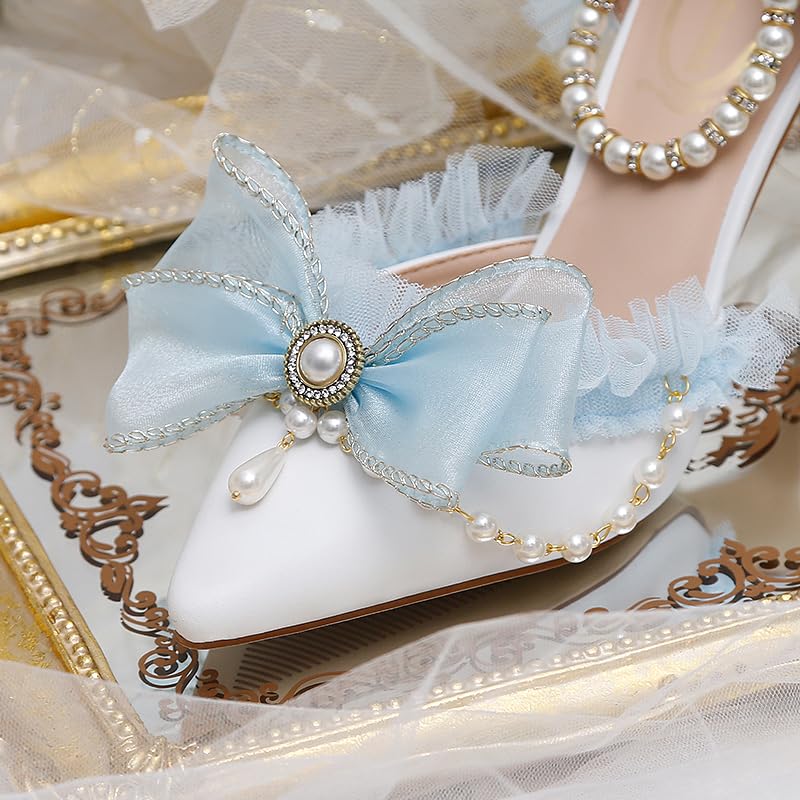 Light Blue Chiffon Bow Pointed Retro Lolita Princess Women's Shoes Pearl one-Word Strap Hollow high Heels4