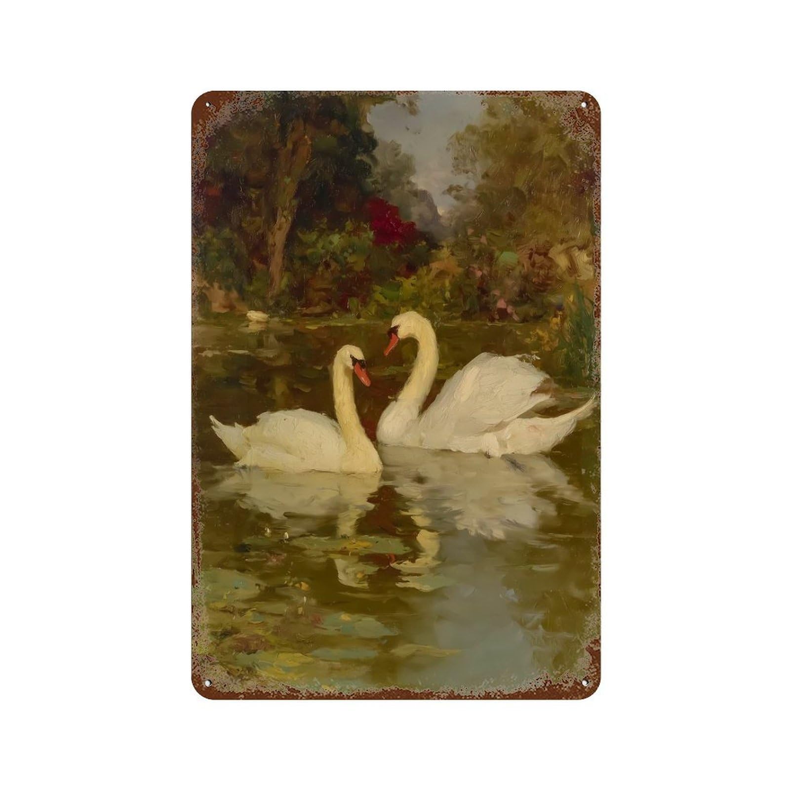 Swans in A Pond Painting Rust Effect Tin Sign 11.8"x7.9", Vintage Wall Decor for Pub, Kitchen And Man Cave Decor