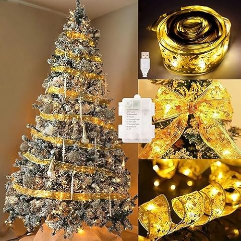 Handook Ribbon Lights for Christmas, 33Ft 100 LED Waterproof Christmas Tree Ribbon Lights with 8 Lighting Modes, Battery Operated & USB Powered Fairy String Lights with Timer for Party, Wedding Cover