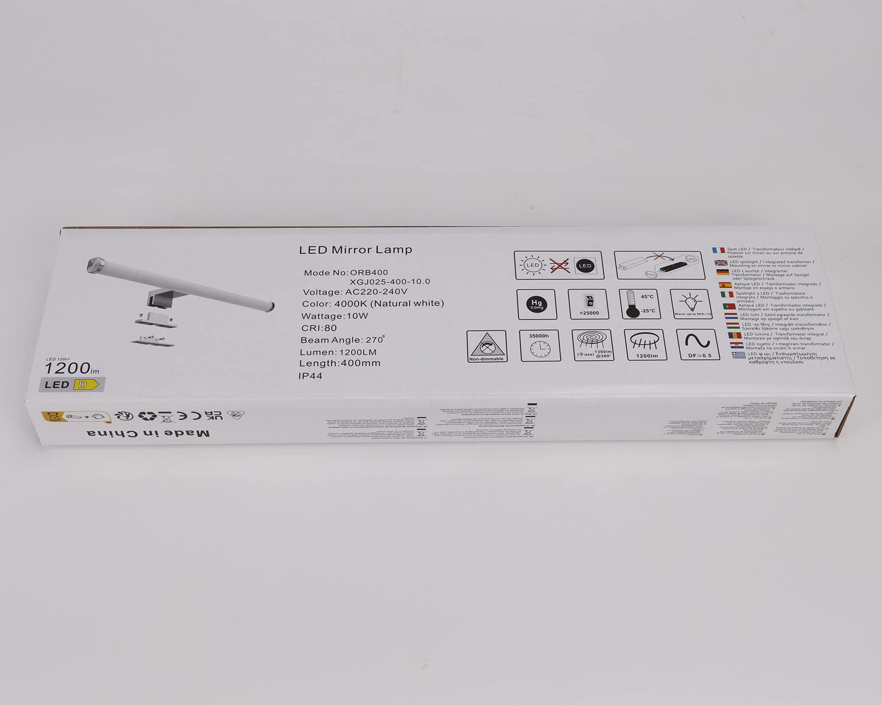 Lámpara de Espejo Baño 40 cm 10W 1200LM 230V Blanco Frío 4000K,IP44 Clase II Lámpara de Espejo de baño Delgada,Abrazadera en el Espejo/Gabinete/Iluminación de Pared