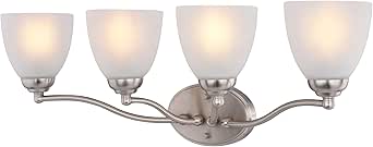 VAXCEL Bellwood 4-Light 28 in. Wide Satin Nickel Traditional Bathroom Vanity Lighting Fixture, White Frosted Glass Shade, Dimmable, LED Compatible, Over The Mirror Mounted Steel Wall Sconce