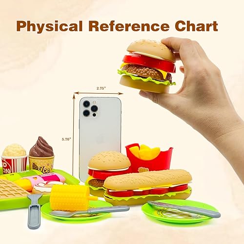Miniatura 5 de Juego de comida de cocina de juego de 26 piezas, juguetes de postre con hamburguesa, hot dog, papas fritas, bebidas y bandeja, accesorios de cocina