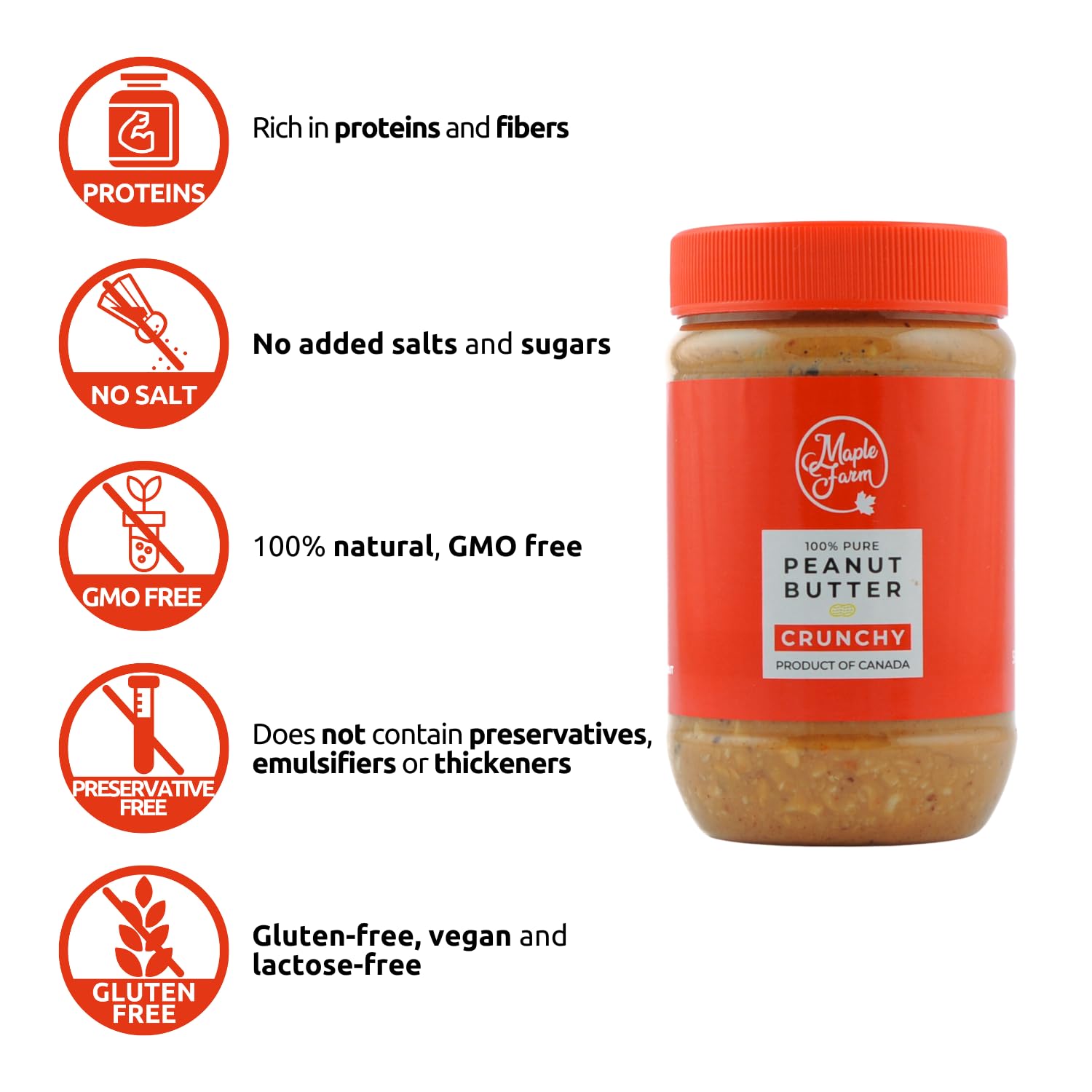 MapleFarm - 100% Puro Burro d'arachidi croccante 1 x 500g - Crema proteica e naturale - Crunchy peanut butter