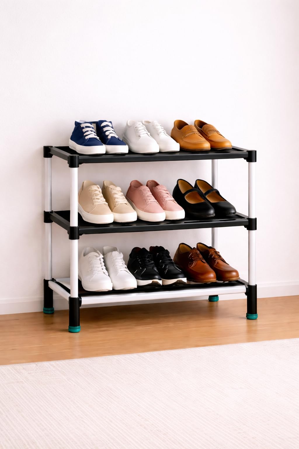 3 Tier Plastic Shoe Rack for Home, Stackable Shoe Organizer Shelf Stand, Space Saving Footwear Storage Rack for Bedroom, Closet & Entryway, White-image-46