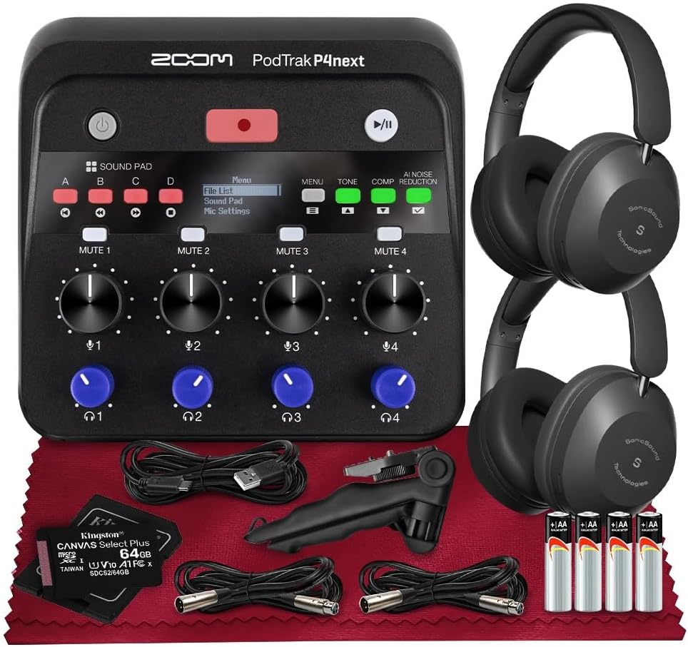 Zoom Podtrak P4next Podcast Recorder, Portable Multitrack Audio Recording w/ 4 Mic Inputs Includes 2 XLR Cables, 2 Headphones, USB Cable, Tabletop Tripod for Interviews, Remote Guest Recording