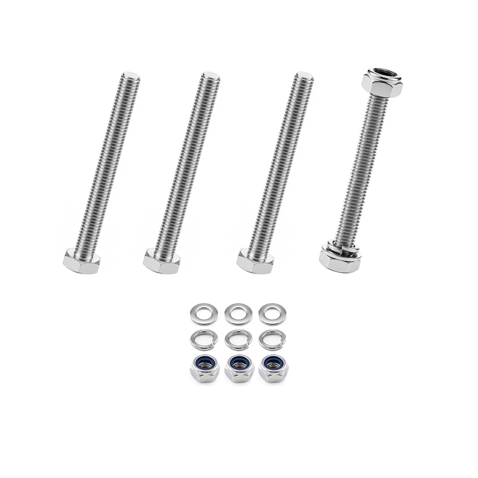 4-Pack M10 x 100mm 304 Stainless Steel Hex Head Bolts with Nylon Nuts and Flat Washers, Fully Threaded DIN 933 Metric Bolt Kit for Construction, Automotive, Furniture, Machinery & 3D Printing