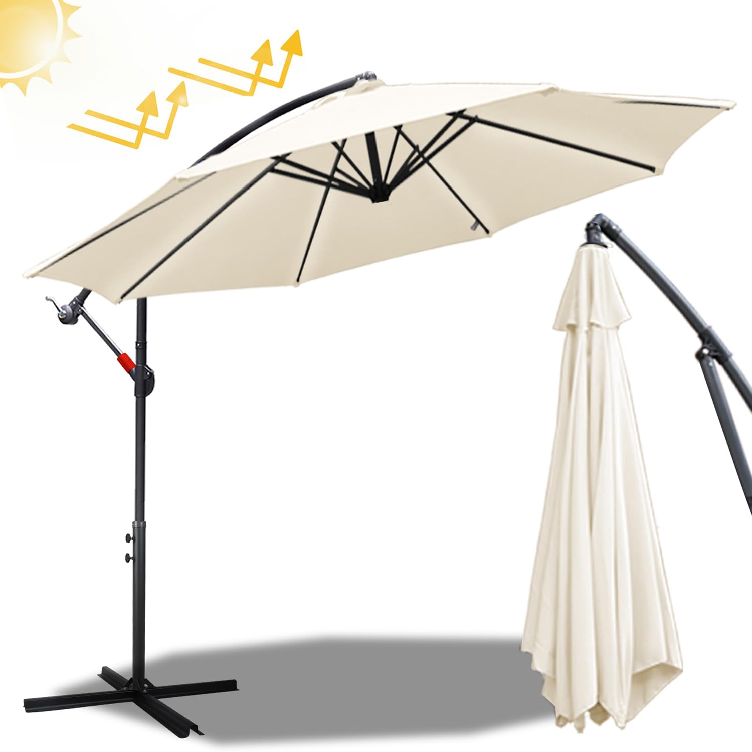 Sombrilla de 300-350 cm de diámetro, con manivela con/sin luces led solares, con soporte, para jardín, protección solar, protección ultravioleta, sombrilla de mercado impermeable con manivela beige Ø 350 cm