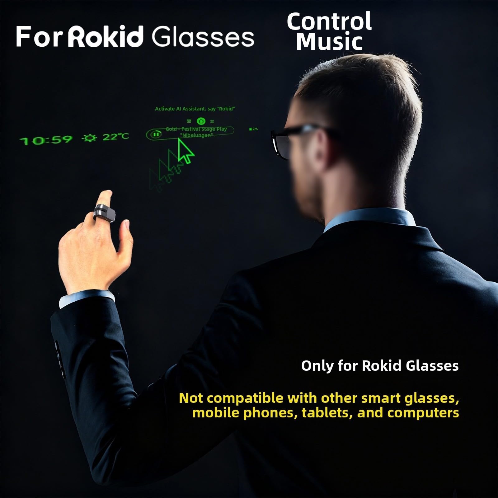 Controlador de anillo inalámbrico para gafas Rokid, control remoto compacto ABS para obturador de fotos, página para control de música (rosa)
