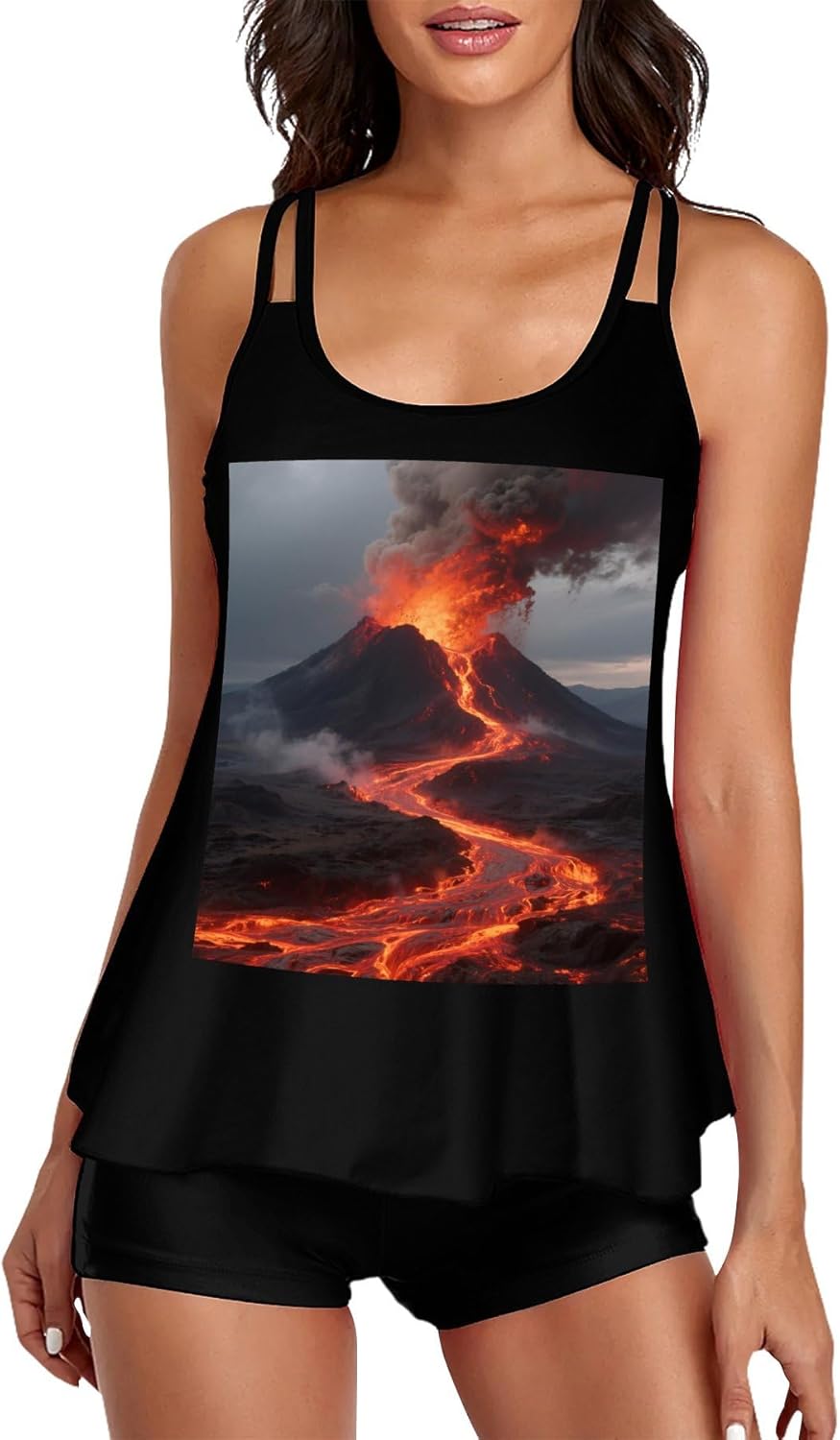 Volcano Tankini Swimsuits for Women Tummy Control Two Piece Bathing Suits Swim Tops with Boy Shorts