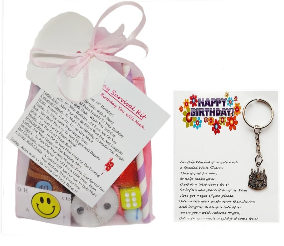 18th Birthday Survival Kit Gift Kit A Fun Novelty Birthday Present Gift Card Keyring Included Keepsake Present for Girl Boy Gift for Her Him Son Daughter Friend (Pink)