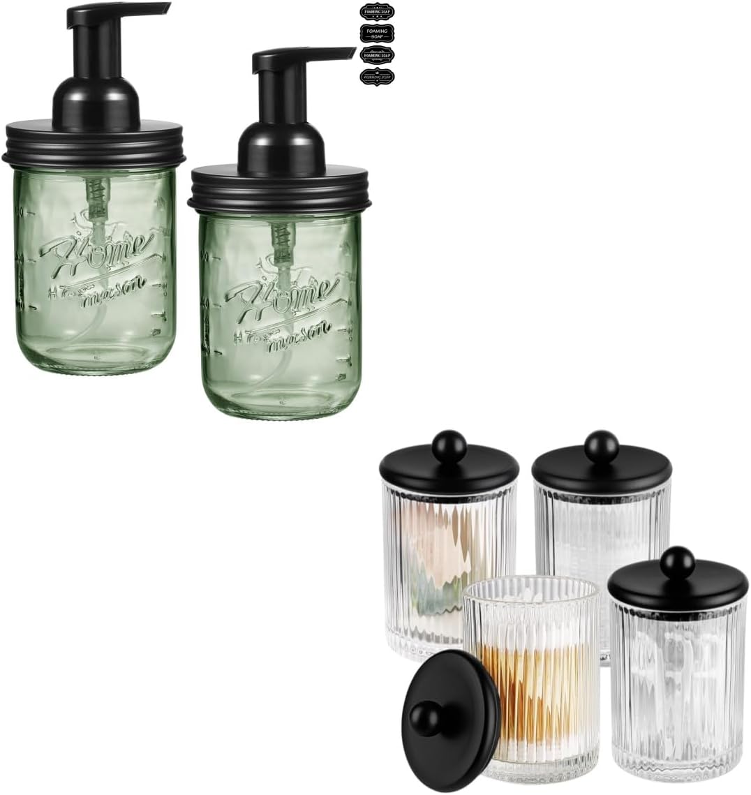 SheeChung 4Pcs Ribbed Glass Qtip Holder, Bathroom Organizers and Storage & 2 Mason Jar Foaming Soap Dispenser, Refillable Green Glass Foam Hand Soap Dispenser, Farmhouse Bathroom Decor