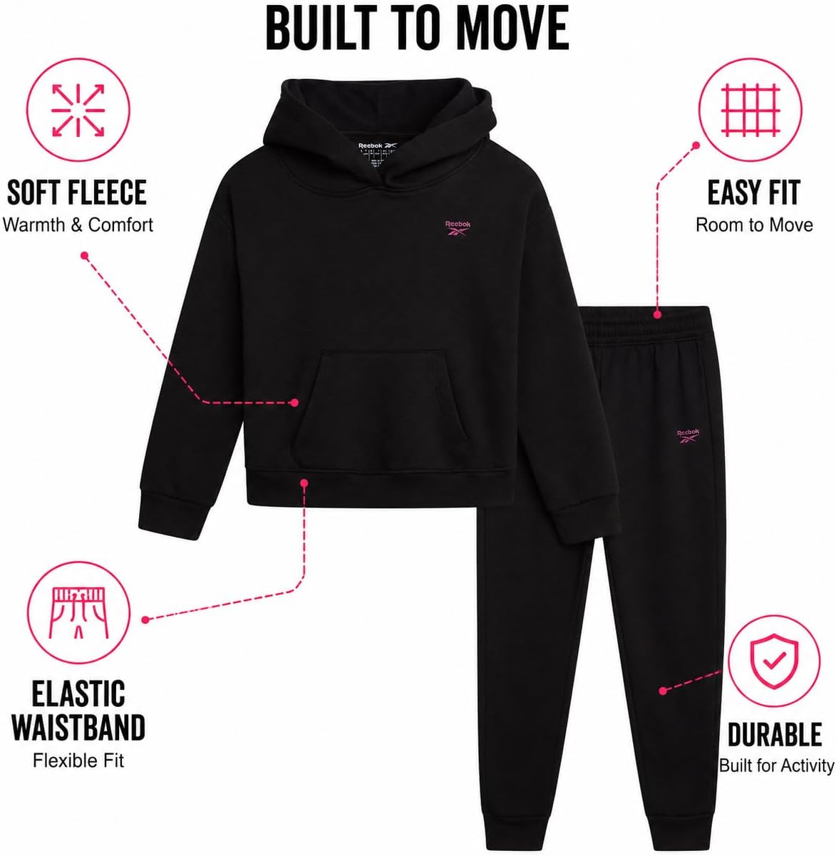 Reebok Girls Sweatsuit Set - 2 Piece Soft Long Sleeve Hoodie Sweatshirt and Sweatpants for Girls - Athletic Sweatsuit