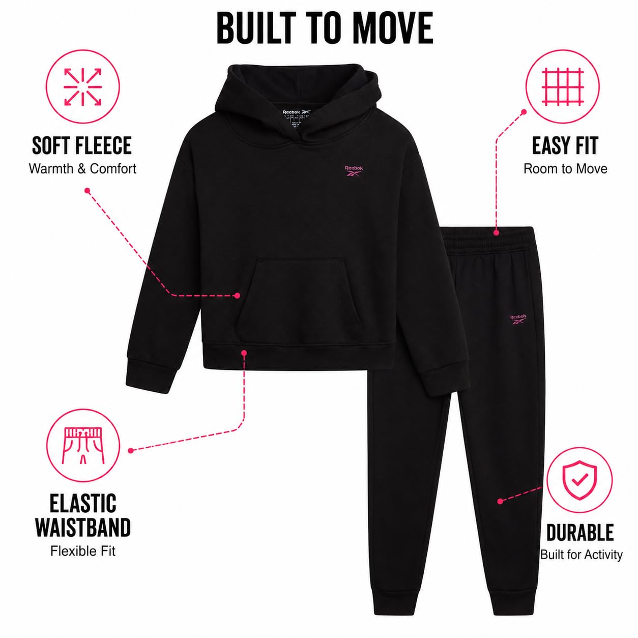 Reebok Ensemble de survêtement 2 pièces doux à manches longues et pantalon de survêtement pour filles – Survêtement athlétique