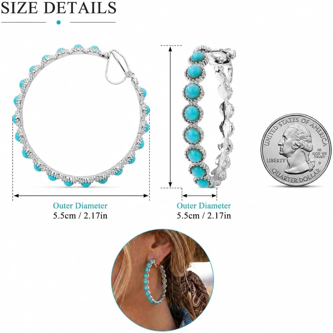 Turquoise Clip On Hoop Earrings Gold and Turquoise Jewelry Silver Western Hoop Earrings Non-Pierced Western Accessories Country Concert Outfits for Women