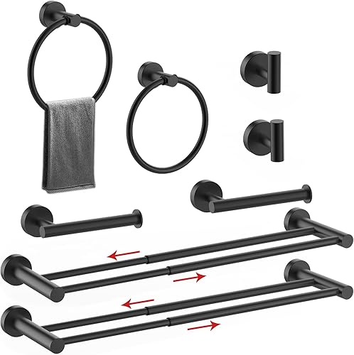 Chihod Juego de 8 piezas de accesorios de baño ajustables, doble barra de toalla negra mate, soporte de papel higiénico de acero inoxidable, anillo