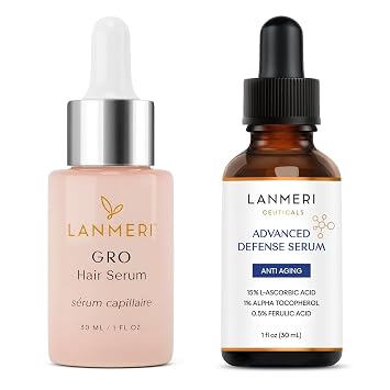 Lanmeri Serum Duo Set Vegan Scalp Serum & 15% Vitamin C Facial Serum | Scalp & Skin Care Bundle for Healthy-Looking Hair and Radiant-Looking Skin