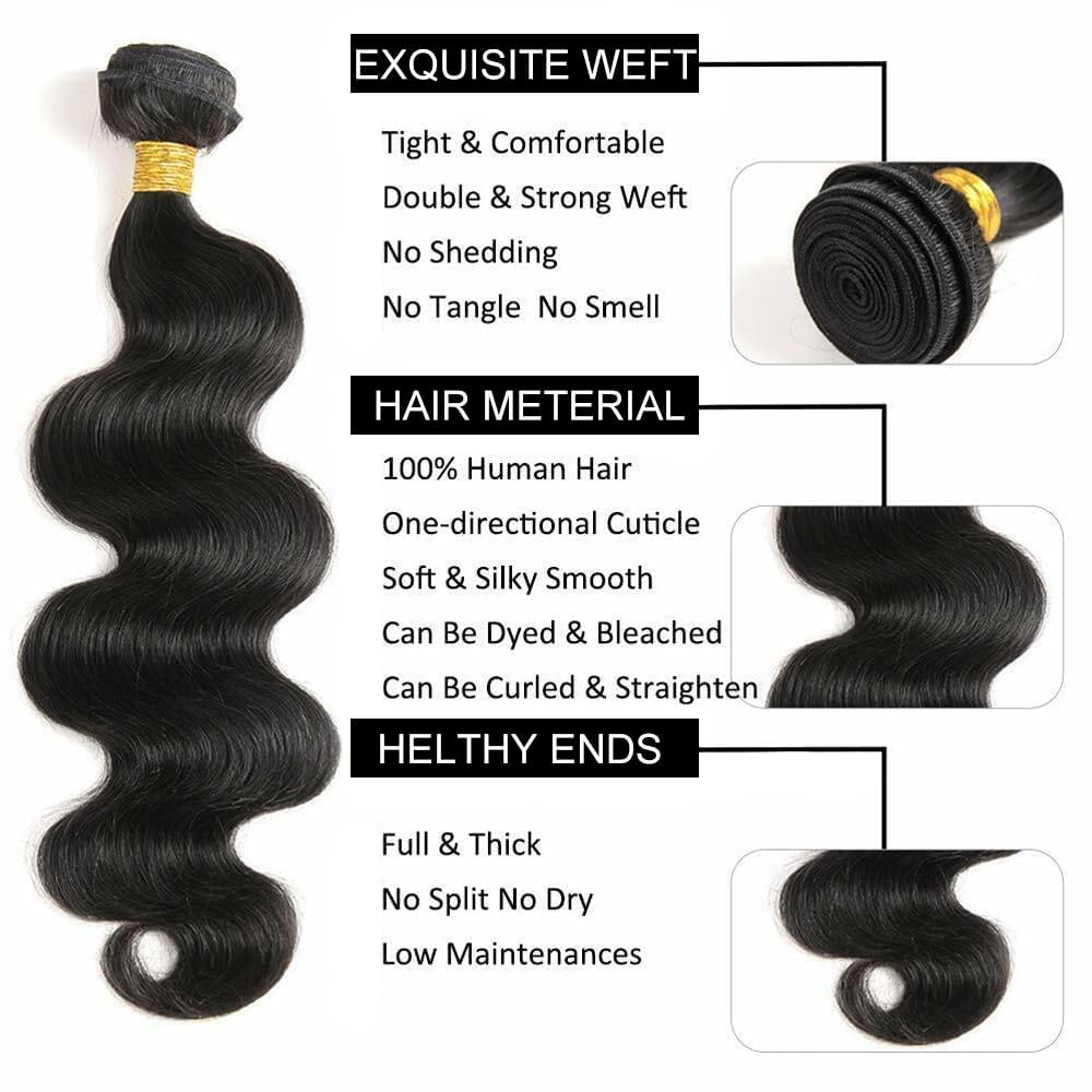 Hswpawk 12A Human Hair Bundles Body Wave 32 Inch One Bundle 100% Unprocessed Brazilian Virgin Body Wave Bundles Human Hair Natural Black Color
