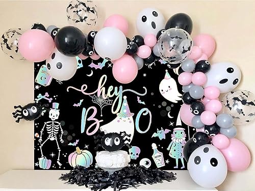 Miniatura 3 de Avezano Hey Boo - Telón de fondo de Halloween para niños, lindo fantasma, decoración de fiesta de Halloween, cartel espeluznante de Little Boo Fondo