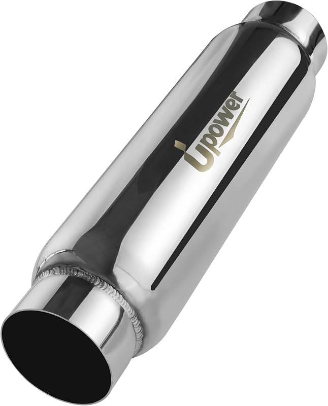 Silencioso ressonador de escape Upower 3" com entrada e saída, fluxo direto central, aço inoxidável polido – 1 unidade