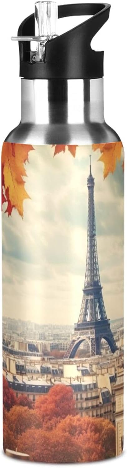 Paris Eiffel Tower 32 oz Water Bottle - Leak Proof, BPA Free, Stainless Steel, Vacuum Insulated for Sports and Office Use, Reusable Water Bottle
