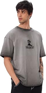 The Souled Store Killin' It Men and Boys Short Sleeves Round Neck Grey Embroidered Cotton Oversized T-Shirts Price In India