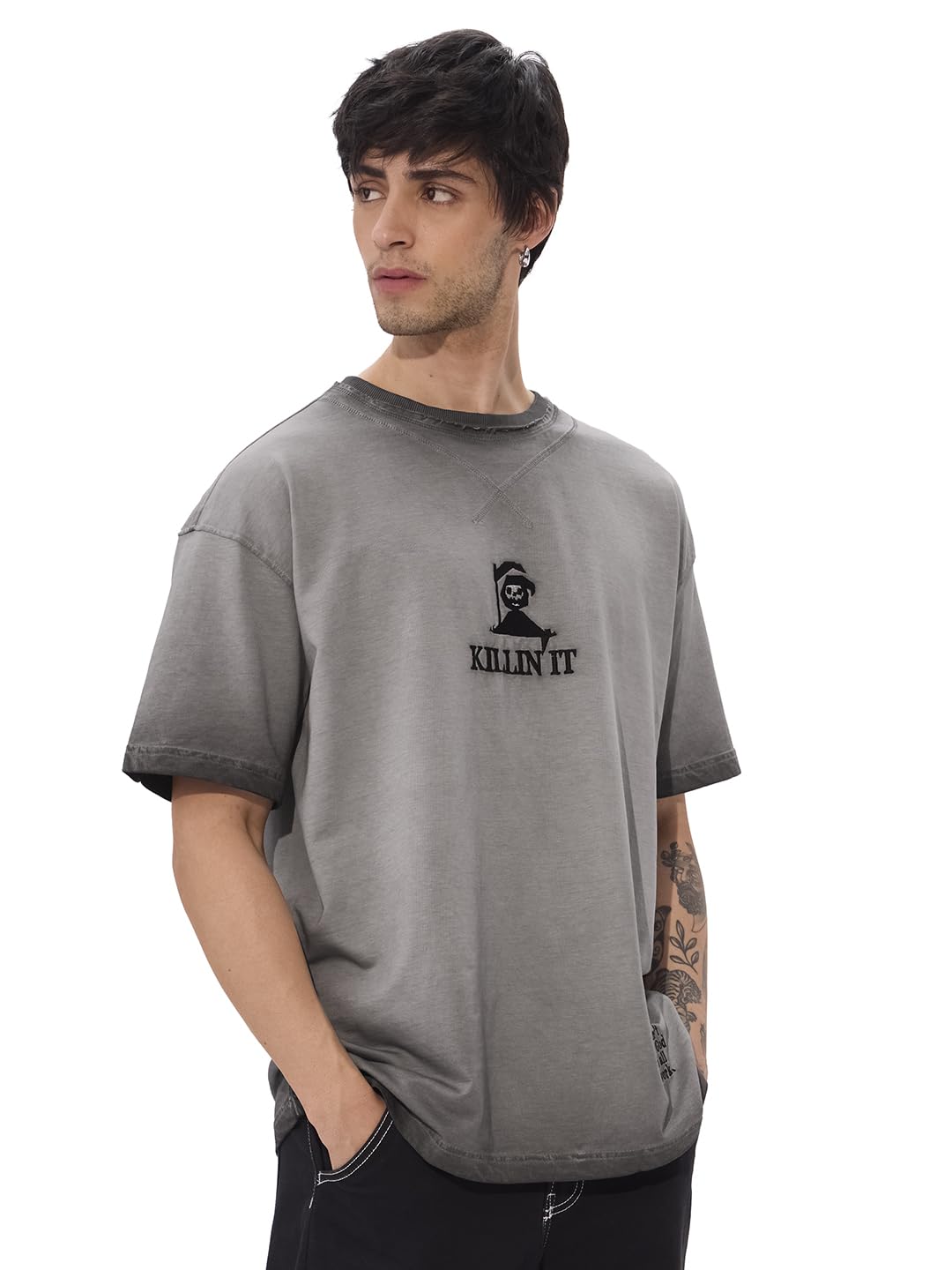 the souled store Killin' It Men and Boys Short Sleeves Round Neck Grey Embroidered Cotton Oversized T-Shirts-picture-51