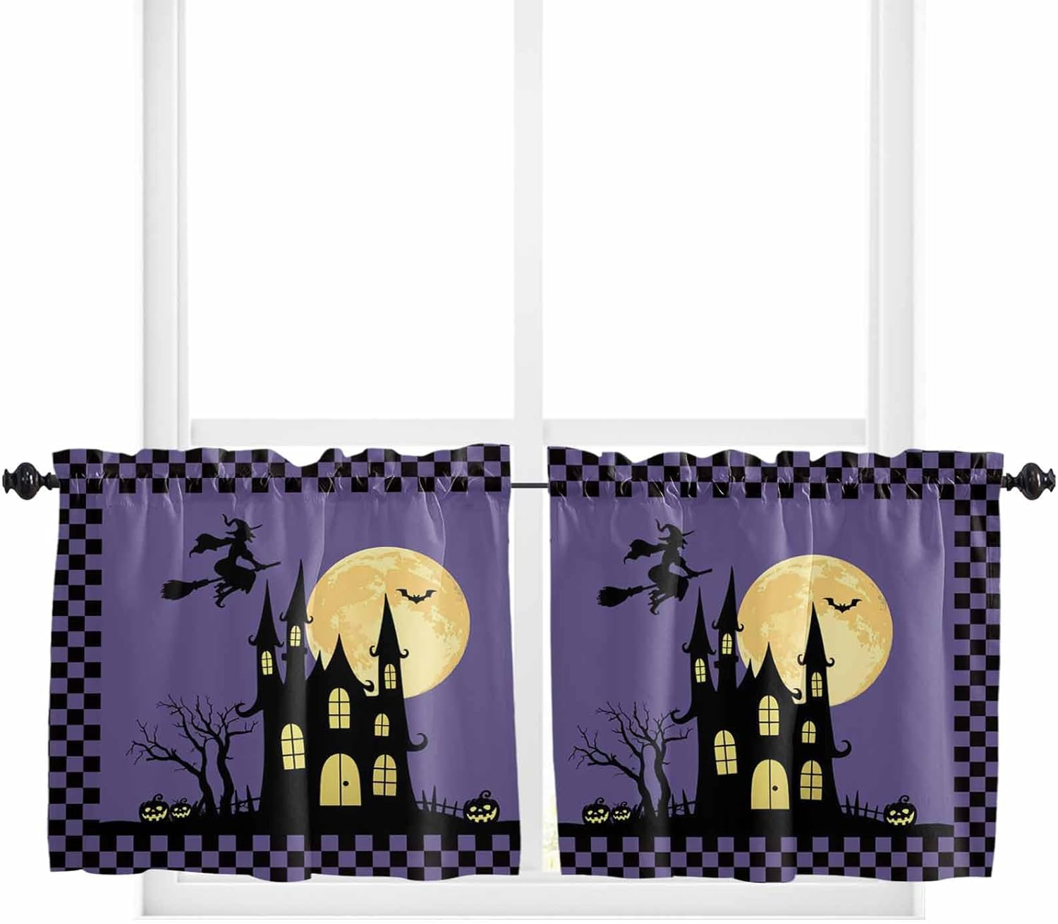 Halloween Night Kitchen Curtains, Horror Castle Witch Evil Pumpkin Purple Plaid Light Filtering Window Curtain, 2Pcs Rod Pocket Window Treatments Set for Living Room Bathroom Bedroom 42x63 Inches