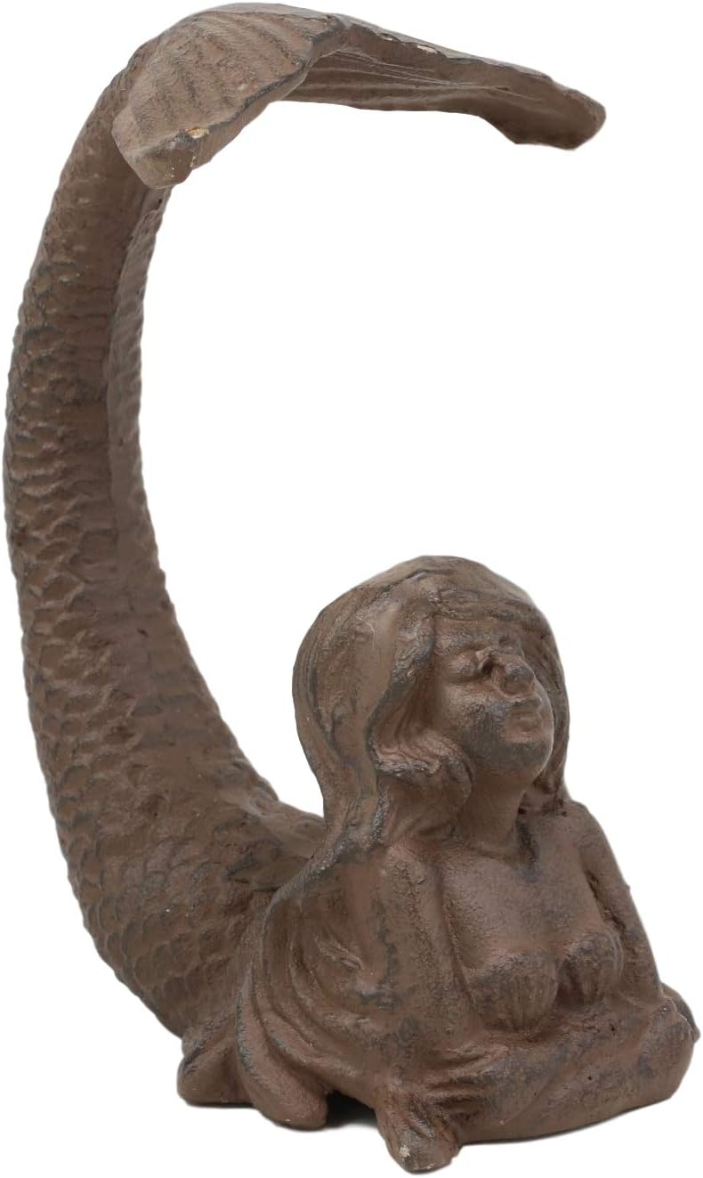 Ebros Gift 7.25" Tall Cast Iron Nautical Siren Mermaid with Tail Up Statue Ocean Goddess Princess Coastal Beach Under The Sea Mermaids Decorative Accent in Distressed Rustic Bronze Finish