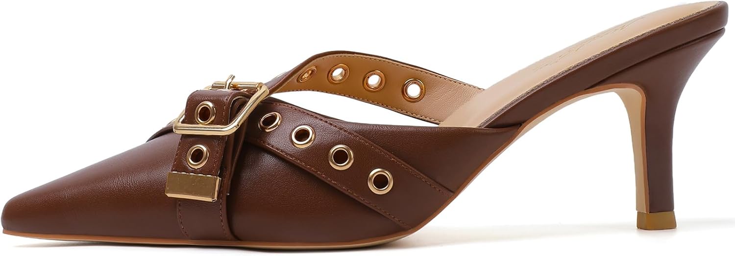 Mostrin Kitten Mules Heels for Women Pointed Closed Toe Heels Vintage Slip on Stiletto Dressy Pumps Shoes