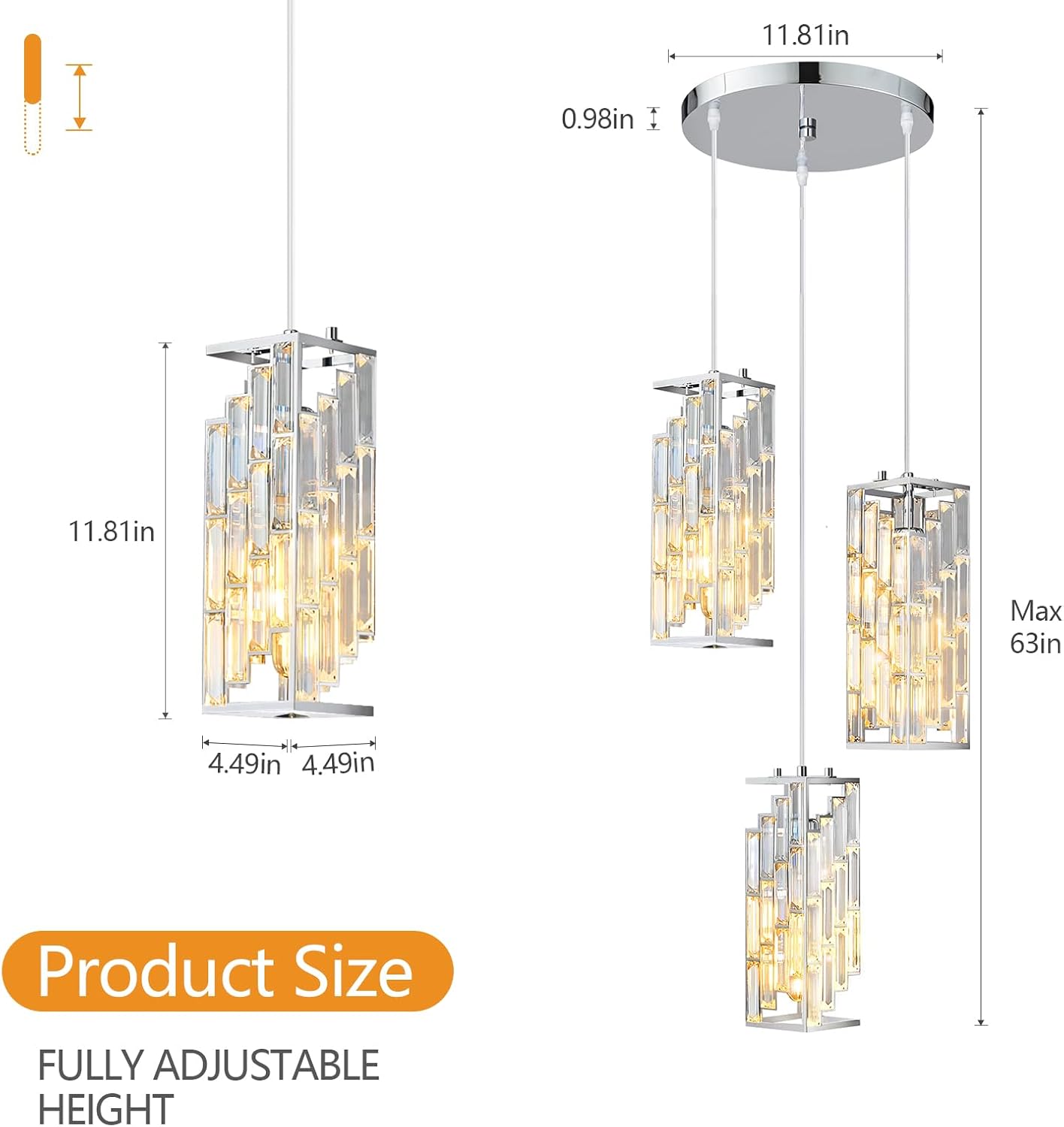 Chrome Pendant Lighting Modern Pendant Light, Mini Crystal Chandeliers,Adjustable Pendant Light Fixture for Kitchen Island Dinning Room Bedroom (3 Light)