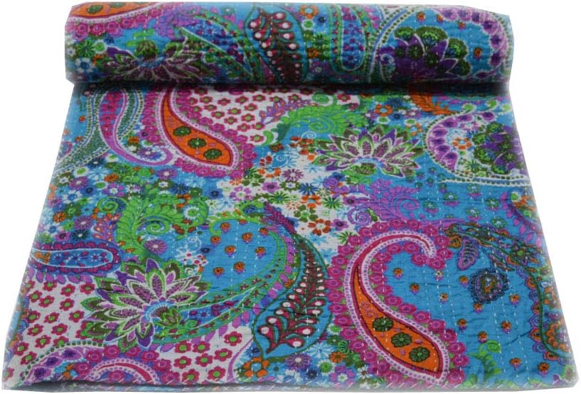 Yuvancrafts Indian Handmade Cotton Kantha Quilt Paisley Screen Print Queen Quilt Blanket Bedspreads Throw