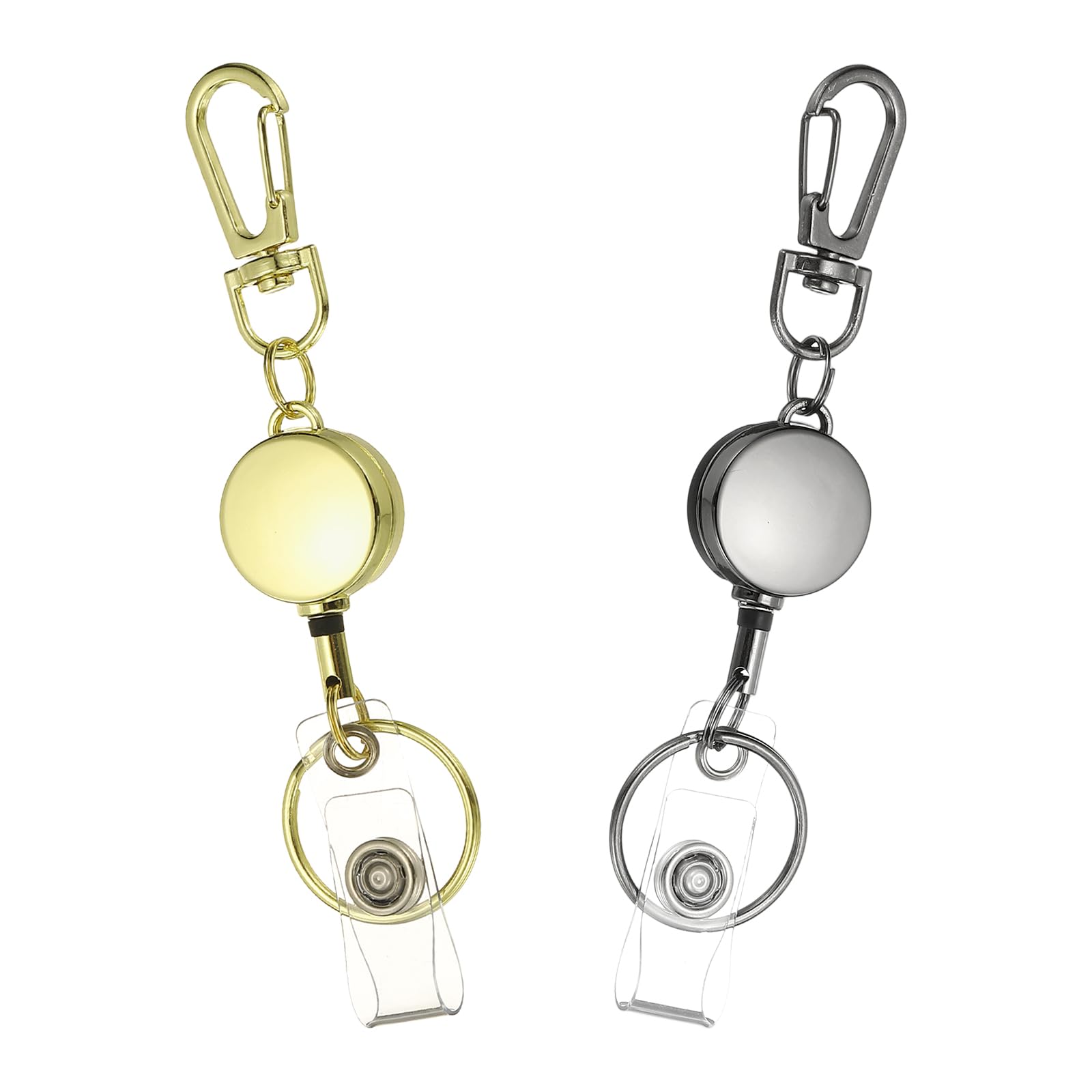 PATIKIL 2Pack Retractable Keychain, Metal Badge Reels Retractable Badge Holder Clips with Key Rings for Name Card Key Conferences Office, Gun Black/Light Gold(Round)