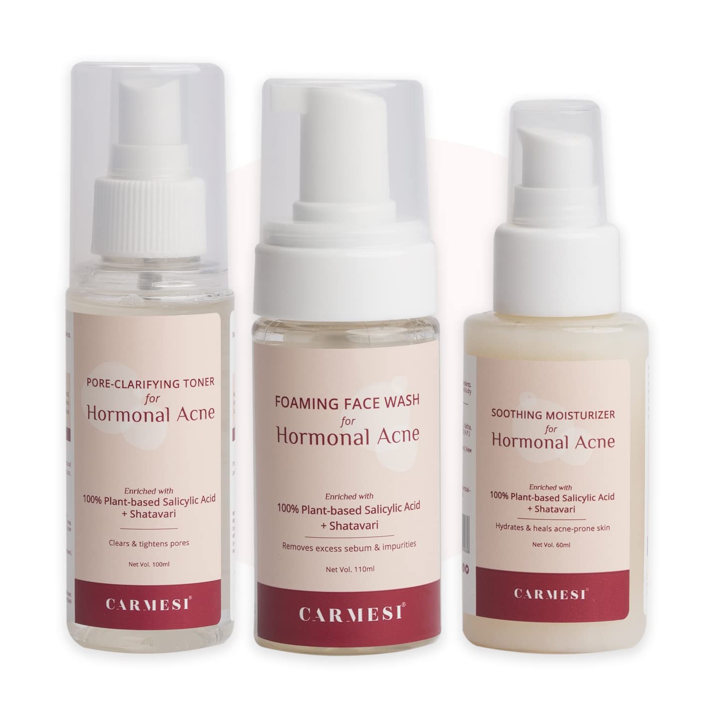 CarmesiAnti-Acne CTM Combo for Hormonal Acne | Salicylic Acid, Shatavari, Niacinamide to Remove Sebum & Heal Acne-Prone Skin | For all Skin Types (Toner 100 ml, Face Wash 110 ml, Moisturizer 60 g)